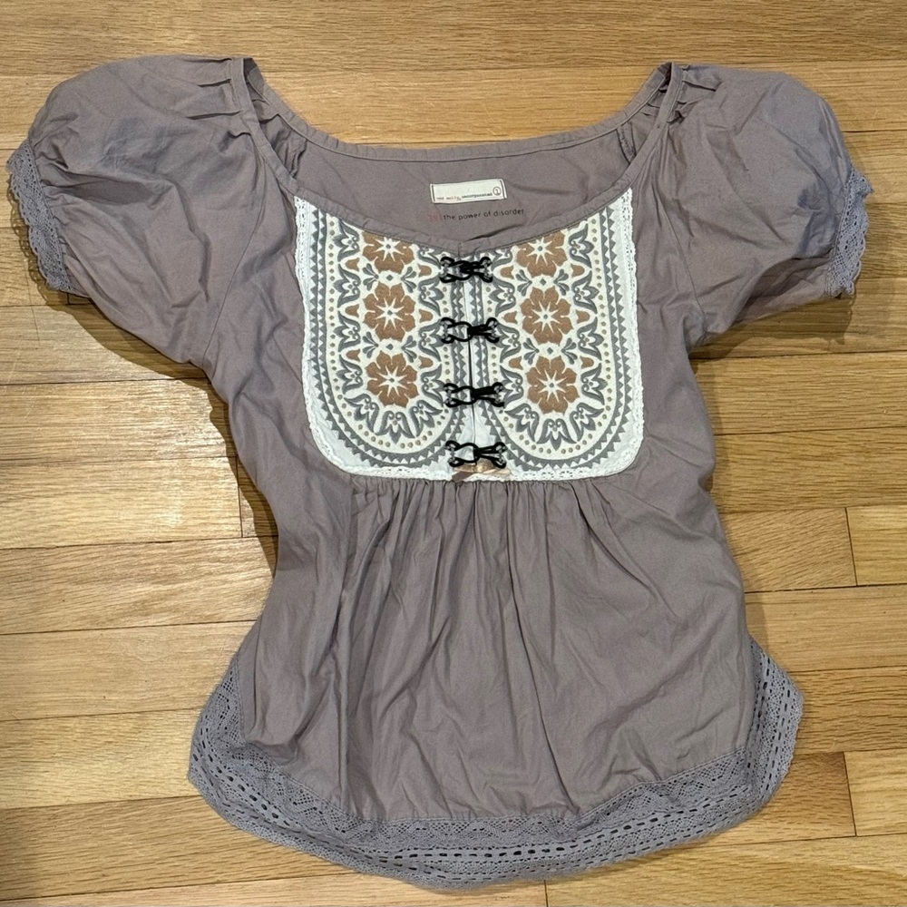 Anthropologie Odd Molly Embroidered Corset Puff Sleeve Tie Back Knit Top 1 S M